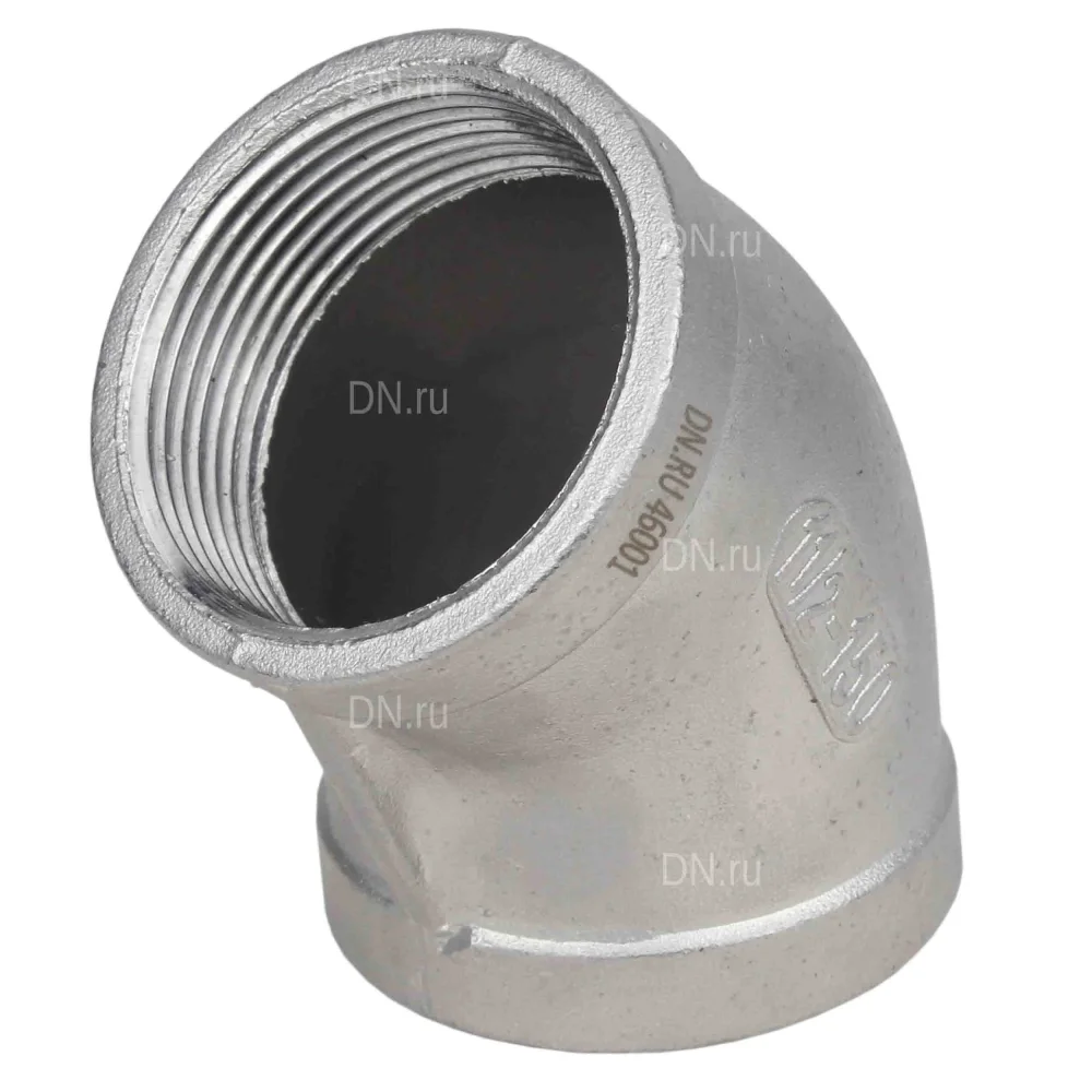 Отвод (полуотвод) DN.ru ВР-ВР-316 3/8″ Ду10 Ру16 угол 45°, корпус - нержавеющая сталь 316, присоединение - внутренняя / внутренняя резьба